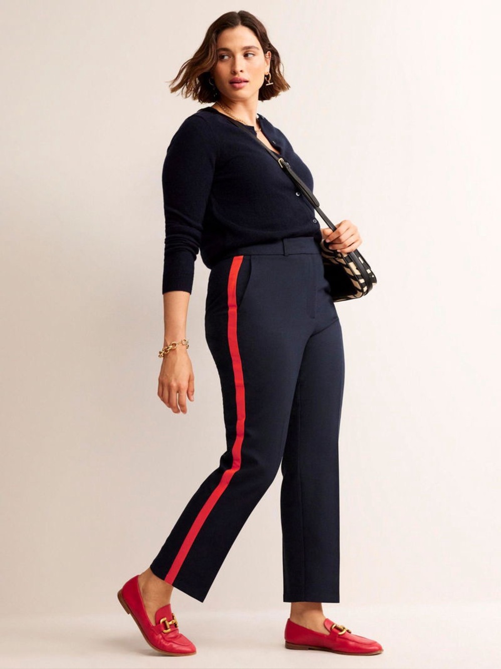 Boden navy blue Kew Side Stripe Tapered Trousers size 8L tall pants career